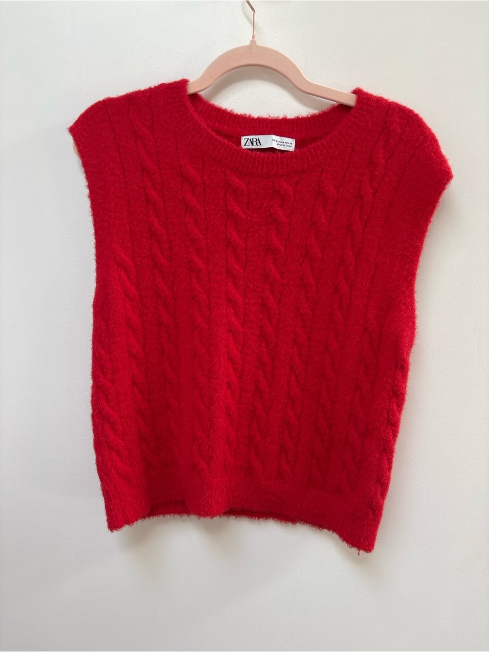 Zara Bright Red Cable Knit Sleeveless Crew Neck Sweater